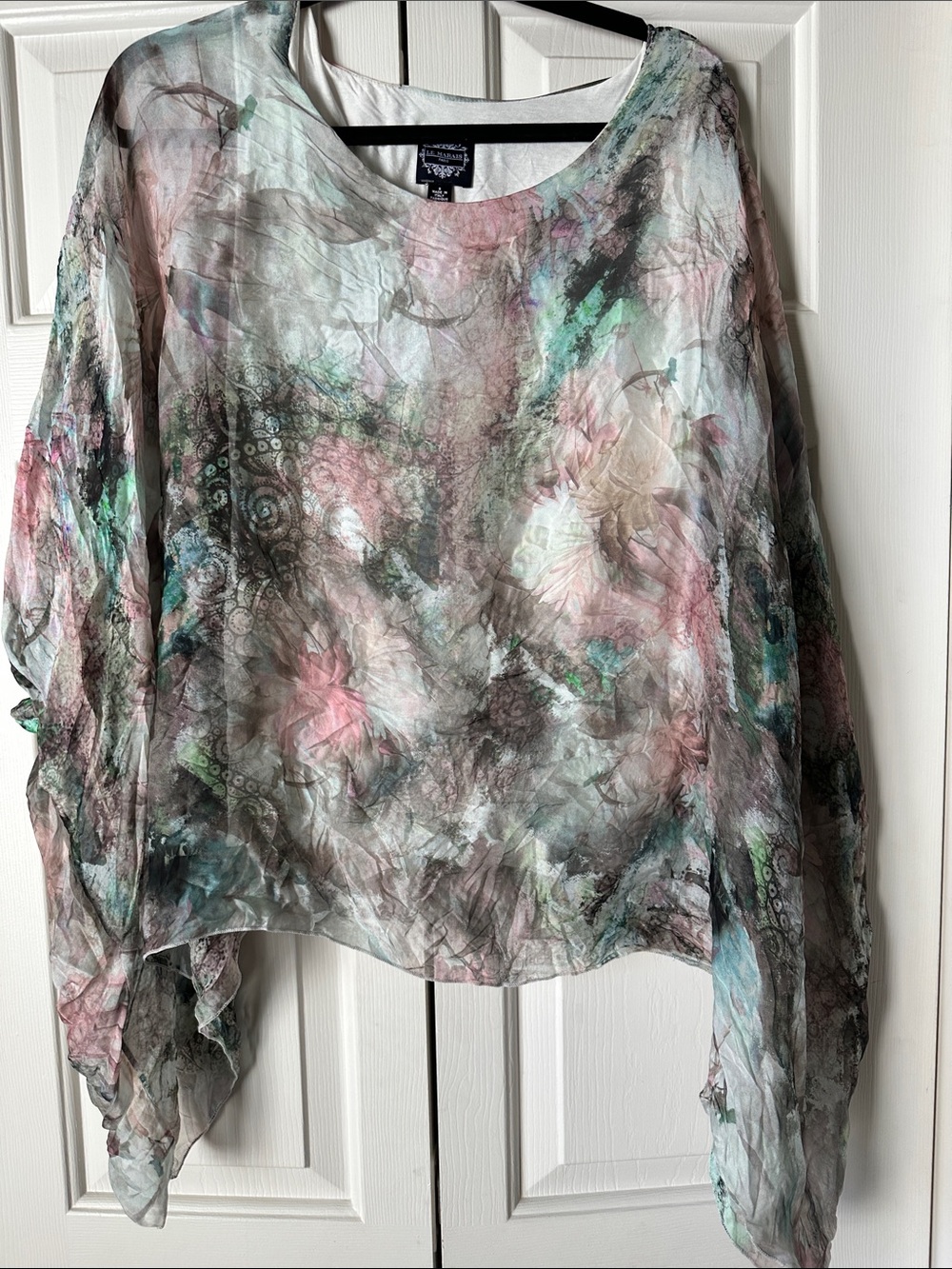 Abstract Floral Sheer Long-Sleeve Blouse - Pink & Mint